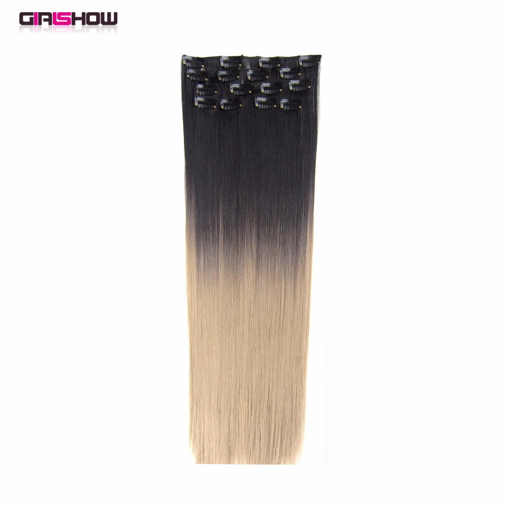 Girlshow Clip in synthetische Dip dye Hair Extensions 7 stks/set 22 &quot;lange Rechte Warmte proof fiber ombre Haar Stijl MS-666, 90 g/set