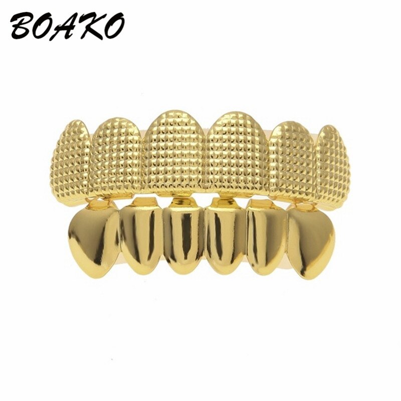 BOAKO Gold Bump enrejado dientes Grillz Hip Hop parrillas de parte superior e inferior de los hombres Dental boca Punk diente tapas rapero Cosplay joyería del cuerpo