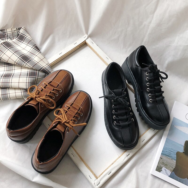 Patchwork cross-tied round toe oxfords creepers muffin british shoes women sewing brand flats all match leather footwear