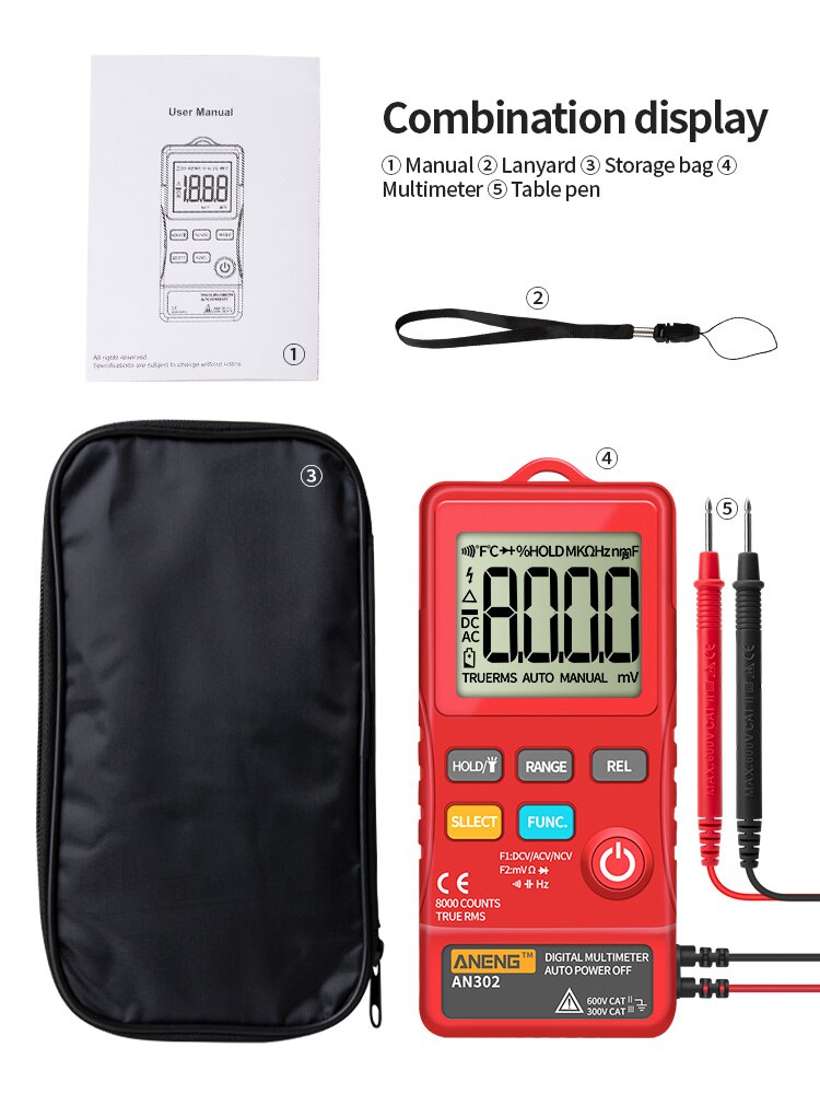 Aneng  an302 true rms digital multimeter tester 8000 teller en multimetro transistor testere bananaligator peak kabel meter: Rød