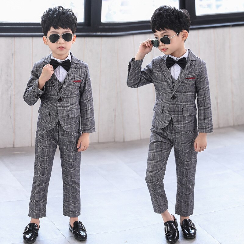 Formal Boy Plaid Gray Suit Set Children's Wedding Party Performance Costume Kids Tuxedo Vest Shirts Pants Clothing Set