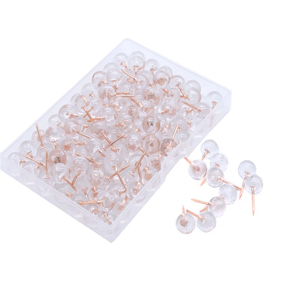 100 Stks/doos Transparant Rose Gold Kleur Push Pins Thumb Punaise Board Pins Tekening Foto Muur Studs Kantoor Schoolbenodigdheden