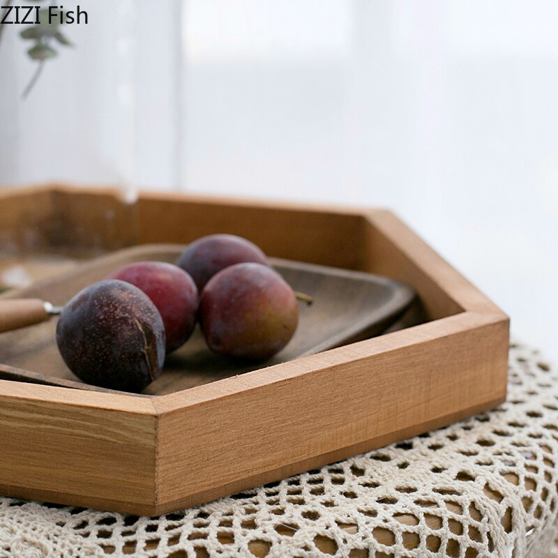 Bandeja de madera hexagonal hecha a mano de 20cm/30cm/40cm, plato de café de madera Burly, decoración de mesa, soporte de joyería para maquillaje y postres