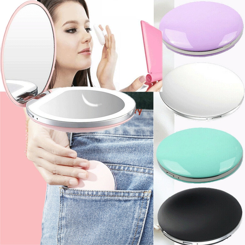 Make-up Cosmetische Opvouwbare Draagbare Compacte Spiegel met Led-verlichting Candy Kleur USB opladen ABS Spiegel – Grandado