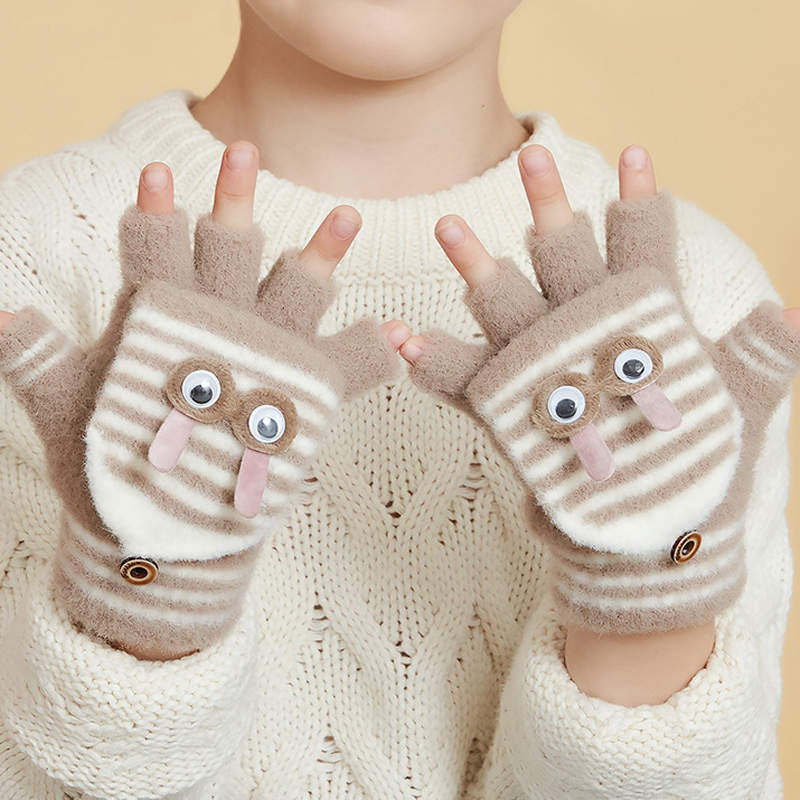 Balleenshiny Kinderen Handschoenen Kids Wanten Winter Plus Fluwelen Warme Tas Vinger Cartoon Gestreepte Half Vinger Gebreide Handschoenen