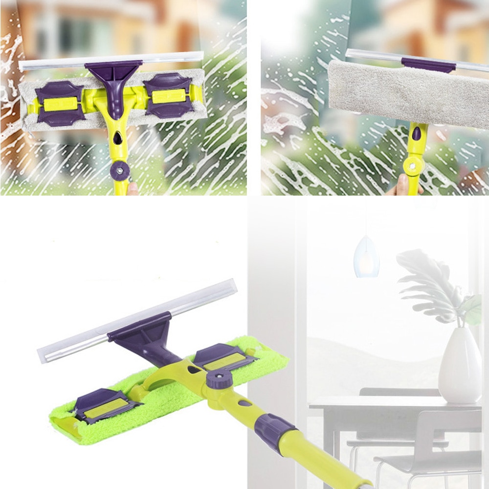 Silicone Glass Cleaning Tool Double-Sided Telescopic Rod Window Cleaner Squeegee Wiper Long Handle Rotating Head Brush Scrubbe
