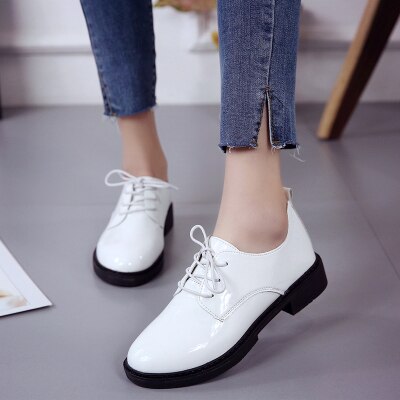 Women Flats British Style Oxford Shoes Women Spring Oxfords Flat Heel Casual Shoes Lace Up Women Shoes: White / 8