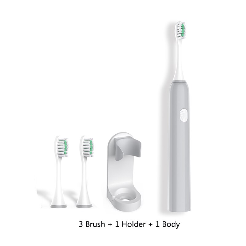 Nouvelle brosse à dents électrique adulte vague sonique Rechargeable IPX7 étanche puce intelligente brosse à dents tasse tête USB Rechargeable clair 40: Grey-3