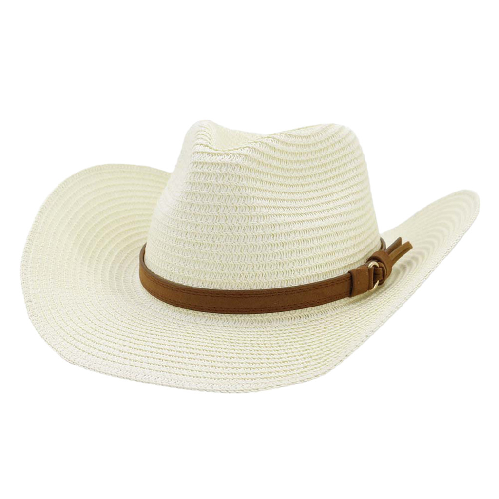 Sun Cap Straw Beach Cowboy Hats Retro Women's Men's Summer Straw Beach Wide Brim Cowboy Western Cowgirl Bead Band #Zer: Gray 