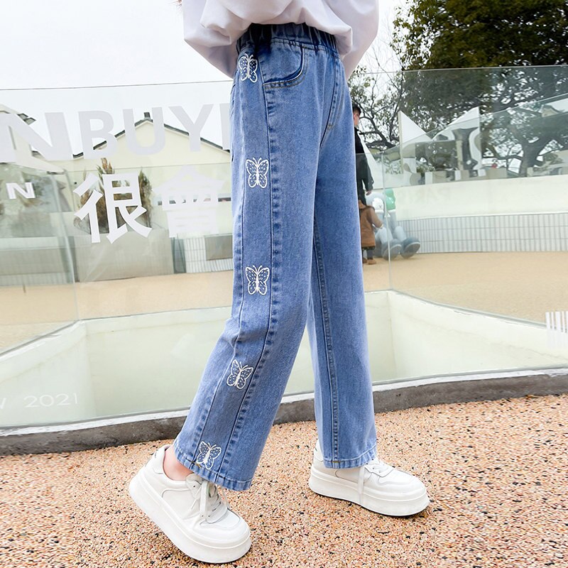 4-14 jahre Mädchen Jeans Mädchen Frühling Koreanische Karikatur lässig Denim Hosen Mädchen Schmetterling Drucken Elastische Taille schlank passen bleistift Hosen