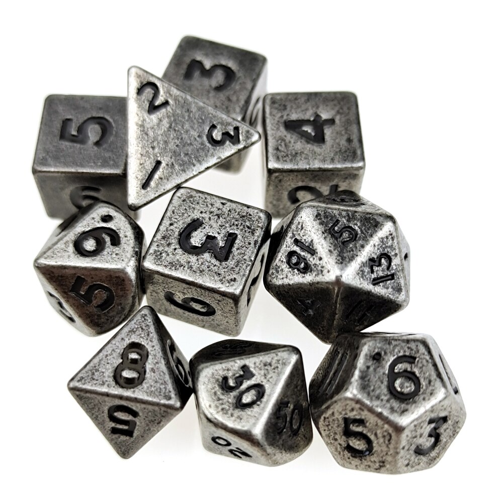 10mm Mini DND Metal Dice 7 Die Set + 3 Extra D6s Total 10pcs Antique Silver Finish with Pouch for RPG Games
