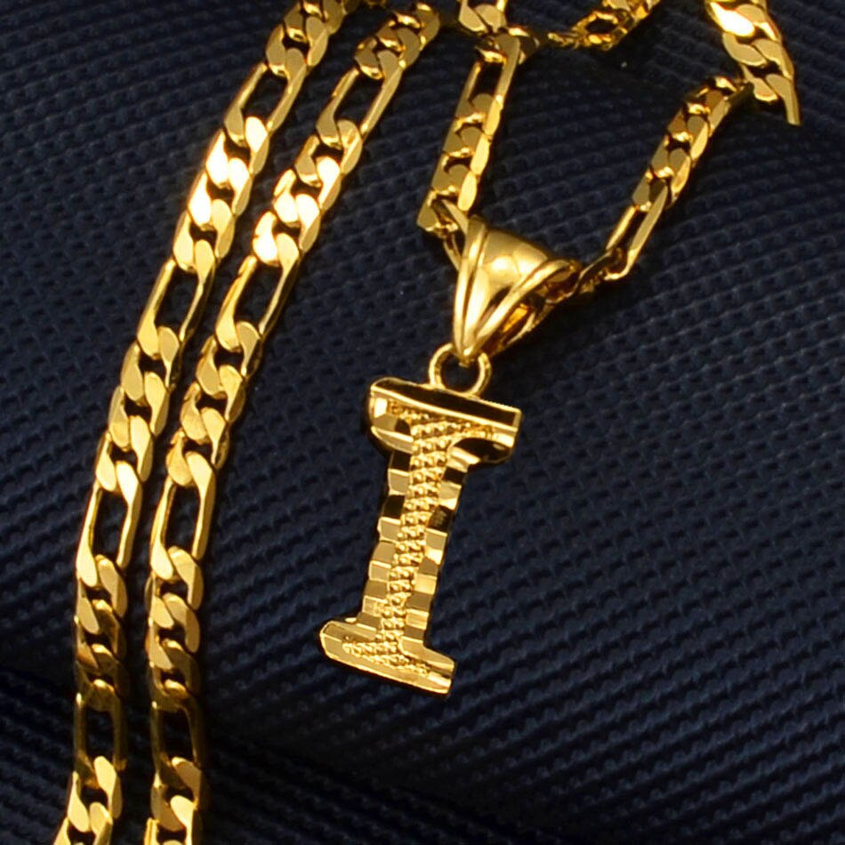 Anniyo A-Z Letters Pendant Necklaces for Women Men Girls English Initial Alphabet Figaro Chains Gold Color Jewelry #058002S