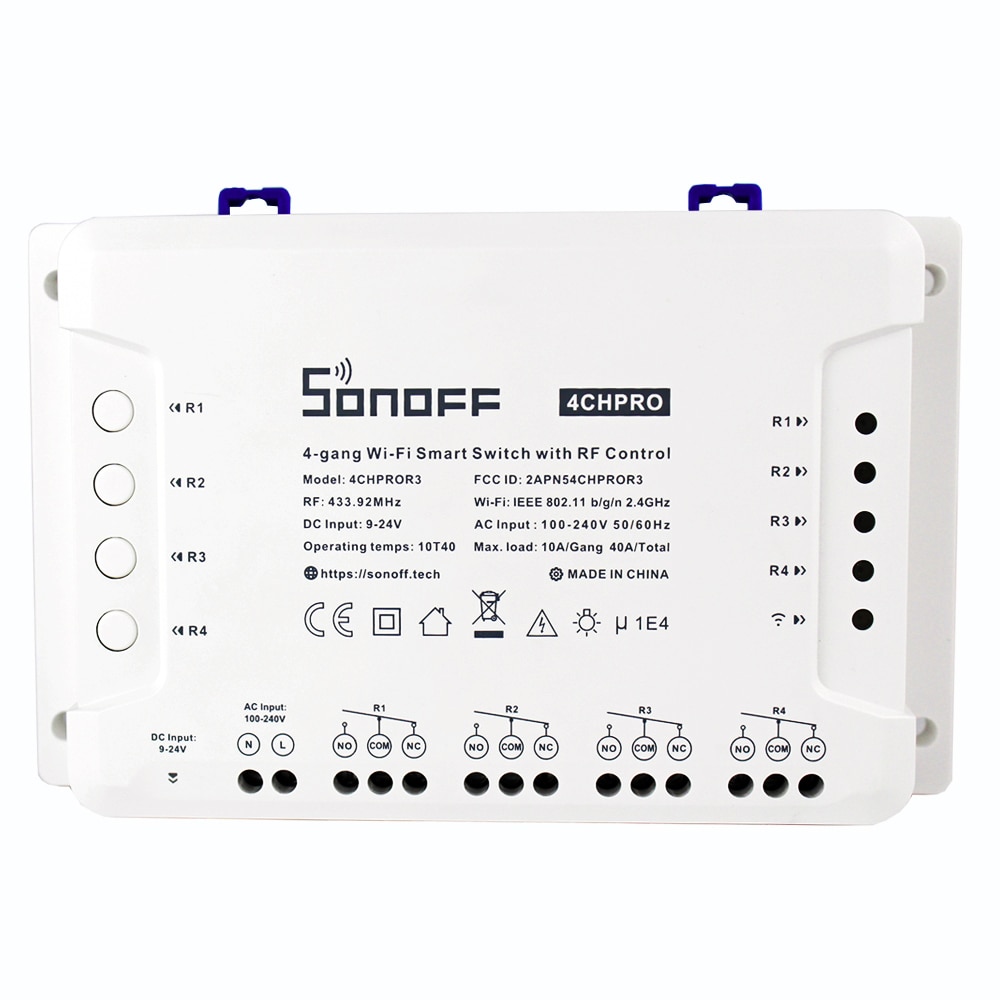 Sonoff 4CH Pro R2, Smart Wifi Switch 433MHz RF Wifi Light Switch 4 Gang 3 Working Modes Inching Interlock Smart Home With Alexa