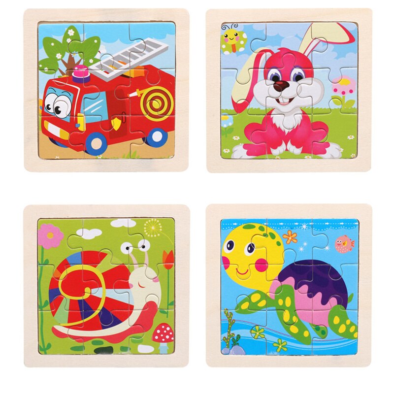 3D Puzzle Wooden Toys jigsaw puzzle Cartoon Animal Traffic Puzzles for Kids Educational Cognitive Toy 9 Pieces 11x11cm