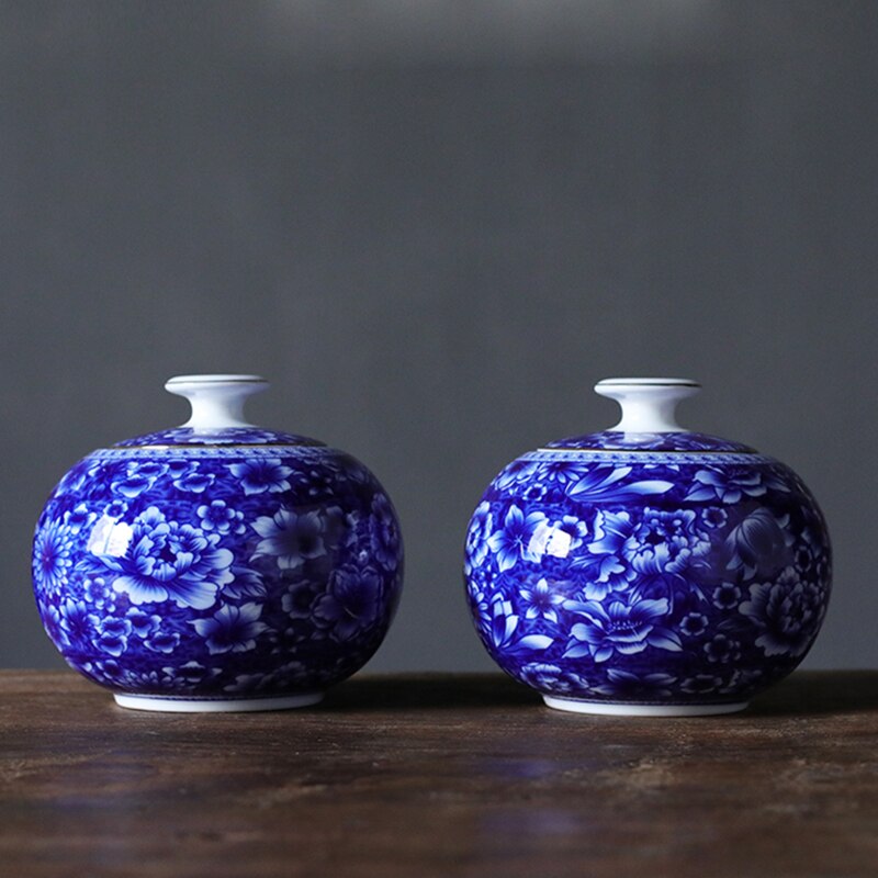 Blue and White Porcelain Storage Jars Small Ceramic Peony Pattern Airtight Jars Classical Porcelain Tea Cans Kitchen Containers