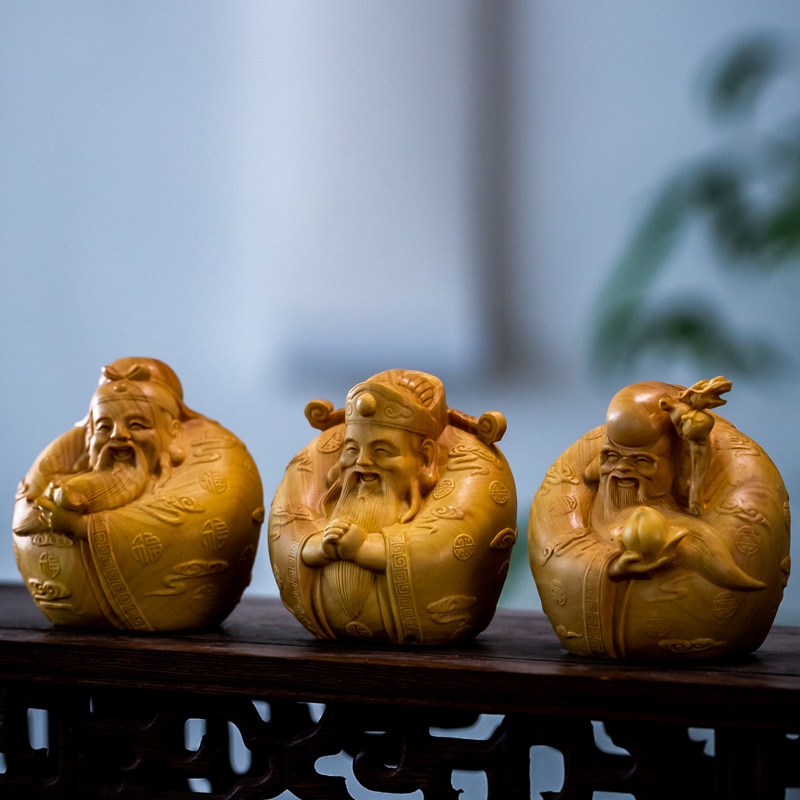 6cm 3 stk tre gud skulptur buksbom figur buddha fu lu shou tre stjerner kinesisk lykkebringende trestatue feng shui hjemmeinnredning