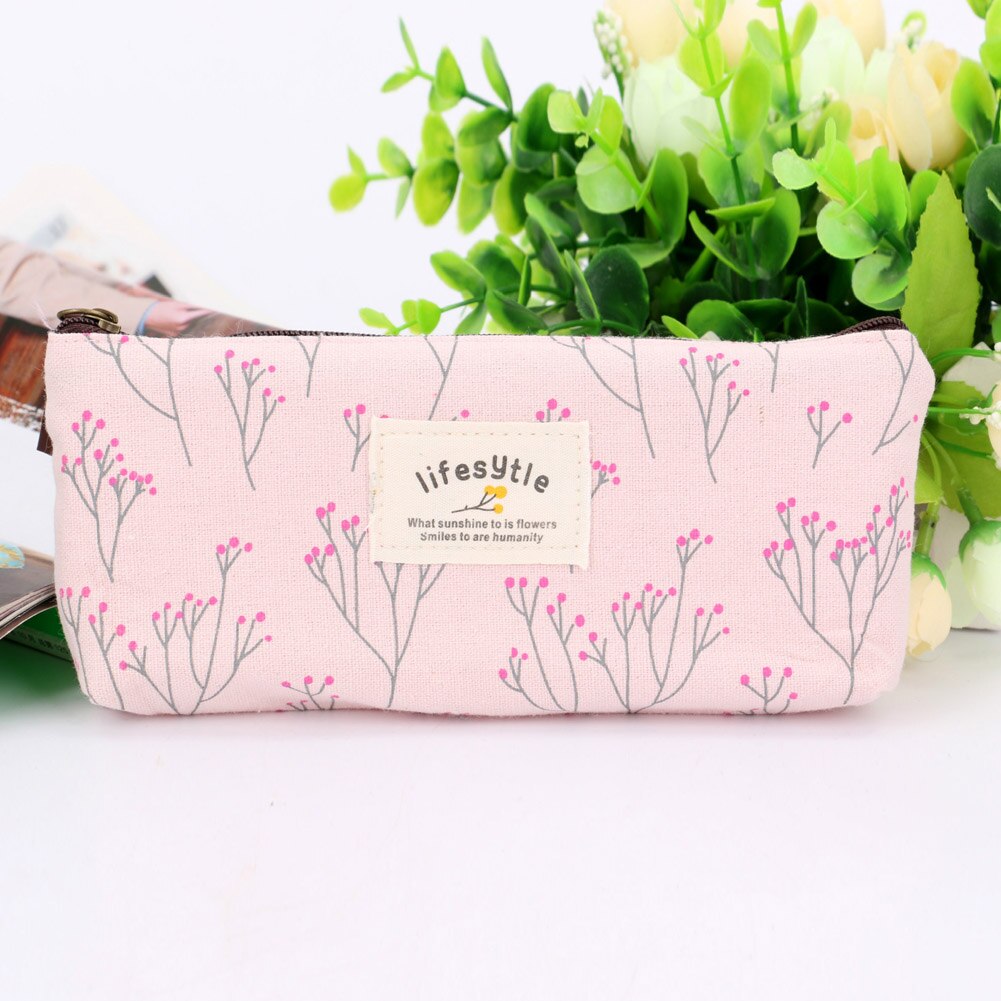 Cute Kawaii Floral Flower Canvas Zipper Pencil Cases Pen Bags School Supplies Women Cosmetic Makeup Storage Bag Purse: Pink