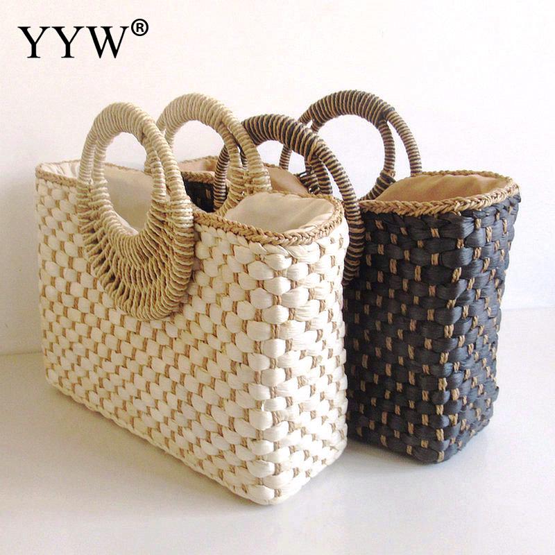 Bolso de paja con pompón para mujer, bolsa de mano con asa superior, ideal para playa, pícnic, Tailandia, Verano