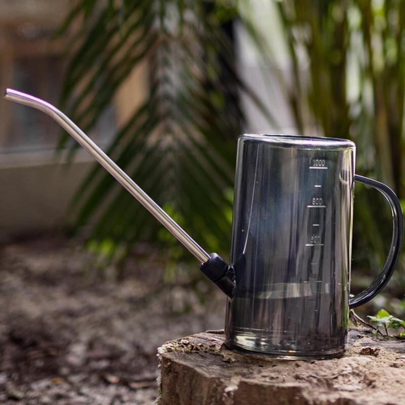 Regadera de acero transparente de boca larga para plantas, bote rociador duradero de 1L, herramientas de jardinería, regadera de flores