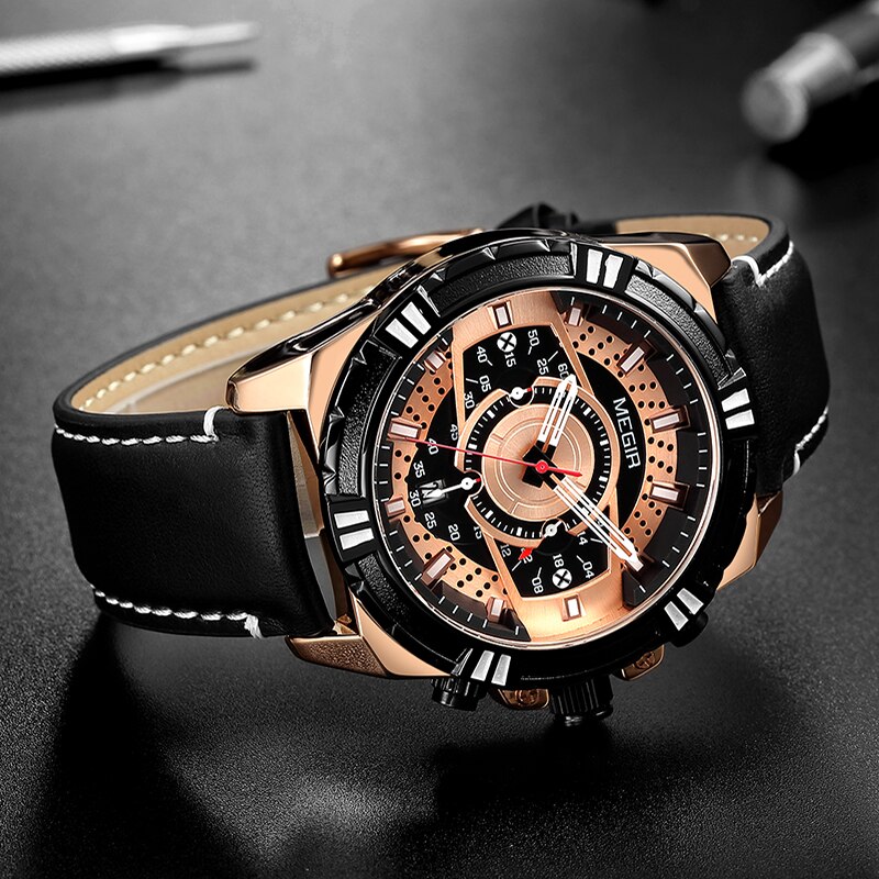 Nuevos relojes de lujosa para hombre, relojes deportivos con cronógrafo MEGIR para hombre, relojes de cuarzo de cuero a prueba de agua para hombre, reloj Masculino