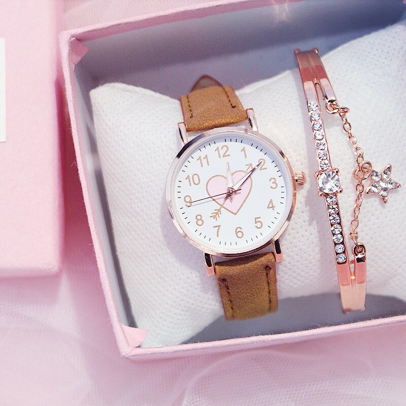Cute Women Watches Casual Leather Strap Bracelet Lovely Girl Wrist Watch Pink Heart Shape Clocks Relogio Feminino