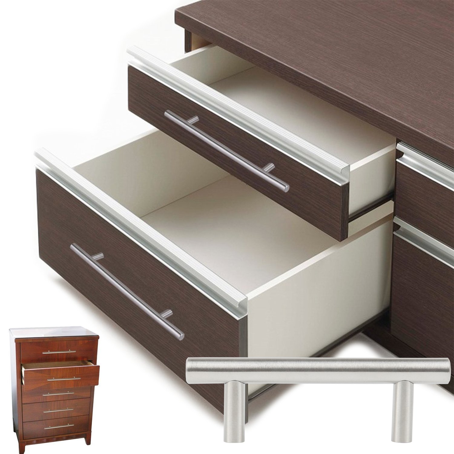 Pack With 20 Furniture / Cabinet / Drawer Handles Made Of Stainless Steel, Total Width 100Mm, T-Handle Center 64Mm