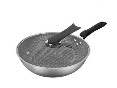 Honingraat Handgemaakte Rvs Wok Set Anti-aanbak Koekenpan Dikke Wok Koekenpan Non-stick Niet Roestende Gas/Inductie fornuis Pan: B With lid-32