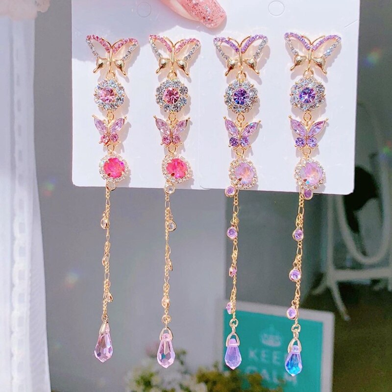 MENGJIQIAO coréenne cristal papillon Long gland boucles d'oreilles goutte pour les femmes étudiants fête de Pendientes bijoux