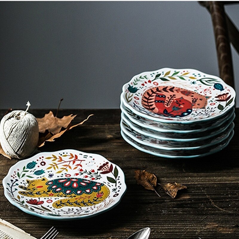 Colorful Cat Dinner Plate Under-glazed Ceramic Dinner Dishes Dessert Tray Flower Kitten Dinnerware Microwave Safe Dessert Plate