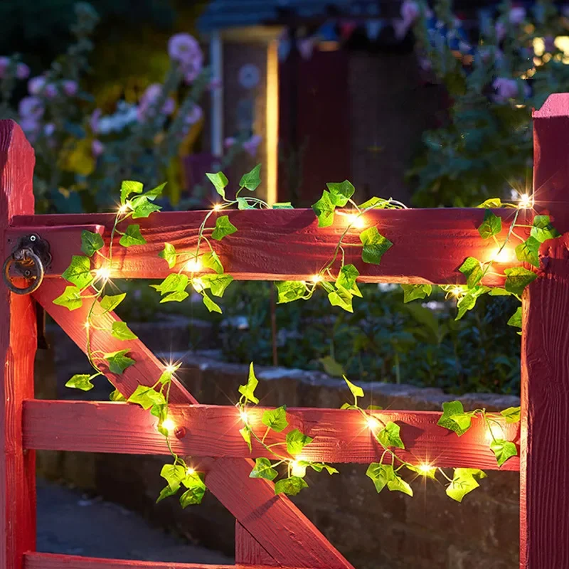 Guirnalda de luces de hojas verdes y flores, guirnaldas de vid artificiales con batería, guirnalda de árbol de Navidad, luz para deshierbe, decoración del hogar