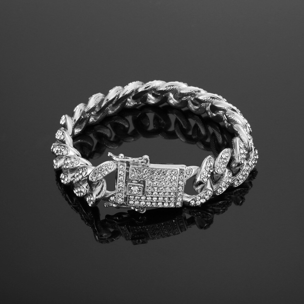 Hip hop-pulsera con diamantes de imitación para hombre, brazalete de 20cm de largo con eslabones cubanos de Miami, joyería