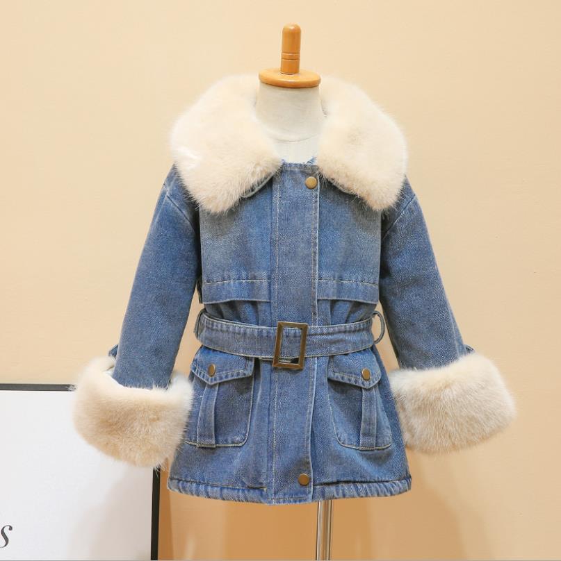 Del bambino del denim delle ragazze più velluto giacche dei bambini collo di pelliccia capretti del cappotto lungo caldo di inverno nuova tuta sportiva del bambino superiore ws1284: 4T