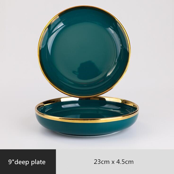 1pcs High Grade Green With Gold Lnlay Plates Steak Food Tray Nordic Ceramic Dinner Dish Salad Bowl Spoon Porcelain Dinnerware: 9inch plate 1pcs