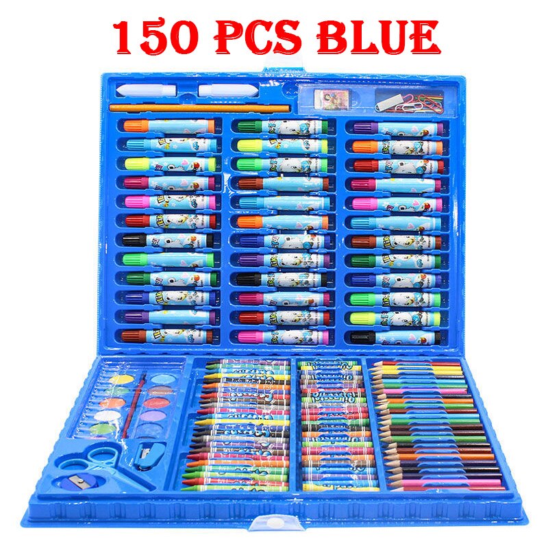 42-208Pcs Kids Draw Set Colored Pencil Crayon Watercolor Pens with Drawing Board Educational Toys Water Painting Art: 150 pcs Blue