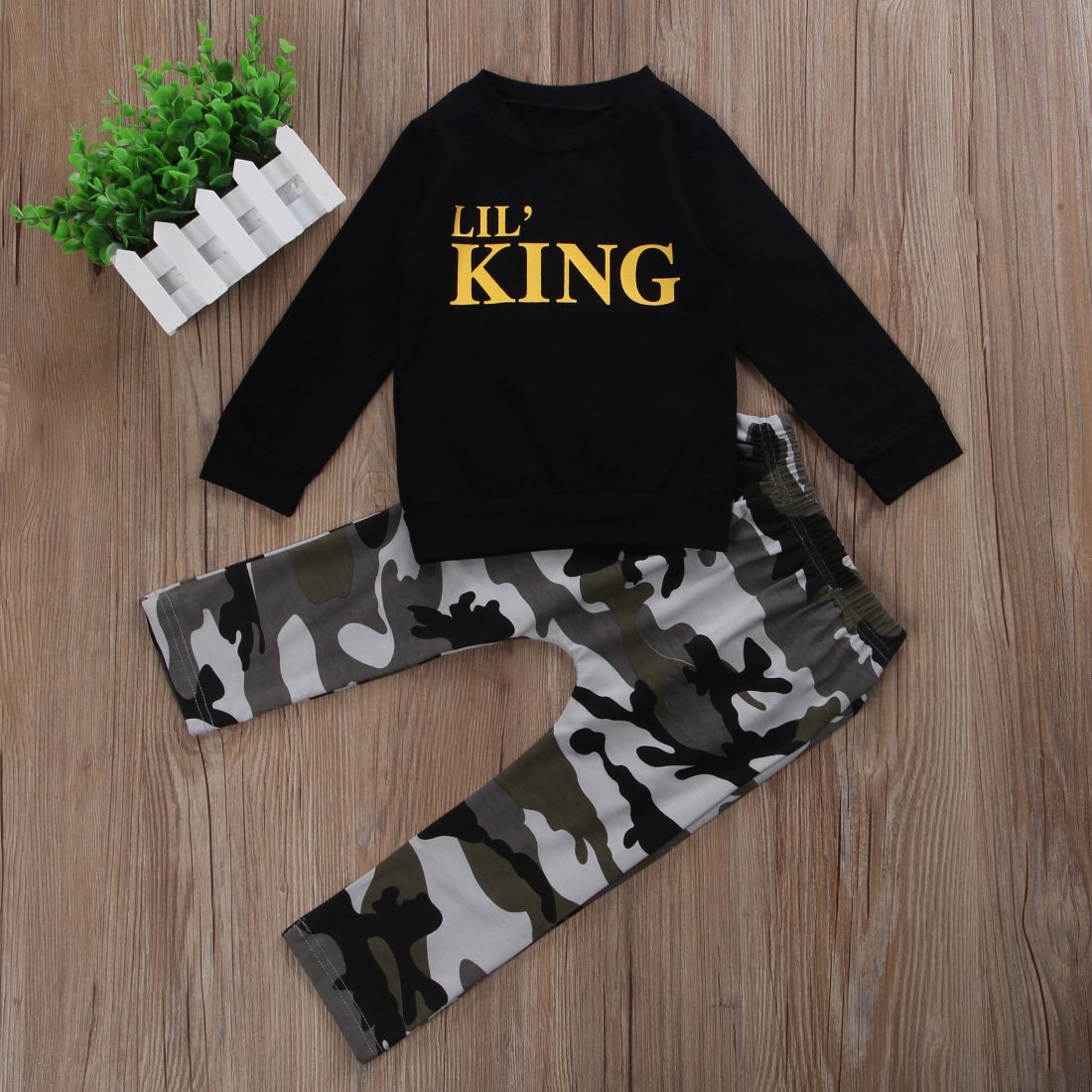 2 stks Peuter Jongen Kleding Kids Baby Jongen Herfst Outfit Lange Mouwen Zwarte Sweater Trui Camouflage Broek Goud Brief Lil koning