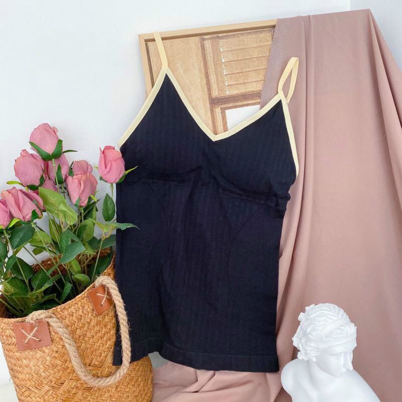 Chrleisure Lange Effen Kleur Vest Een Stuk Geweven Gestreepte Comfort Hemdje Draadloze Gewatteerde Push Up Tanktop