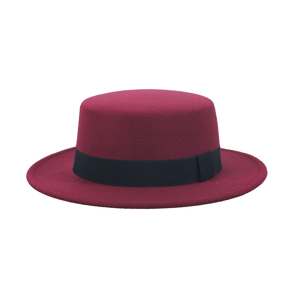 Platt hög hatt dam herr filt bred brättad fedorahatt laday prok pie chapeu de feltro bowler gambler topp hatt: Rödvin