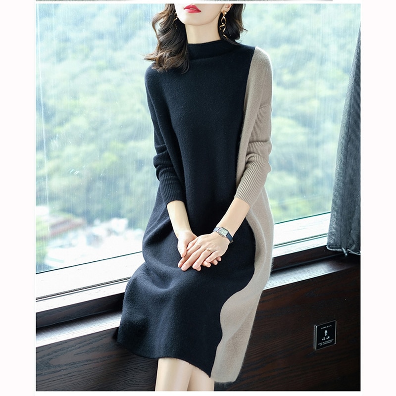 Winter mit langen ärmeln pullover kleid weibliche schwangere-stil farbe passende casual kleid weibliche gerade strickte schwangere frau
