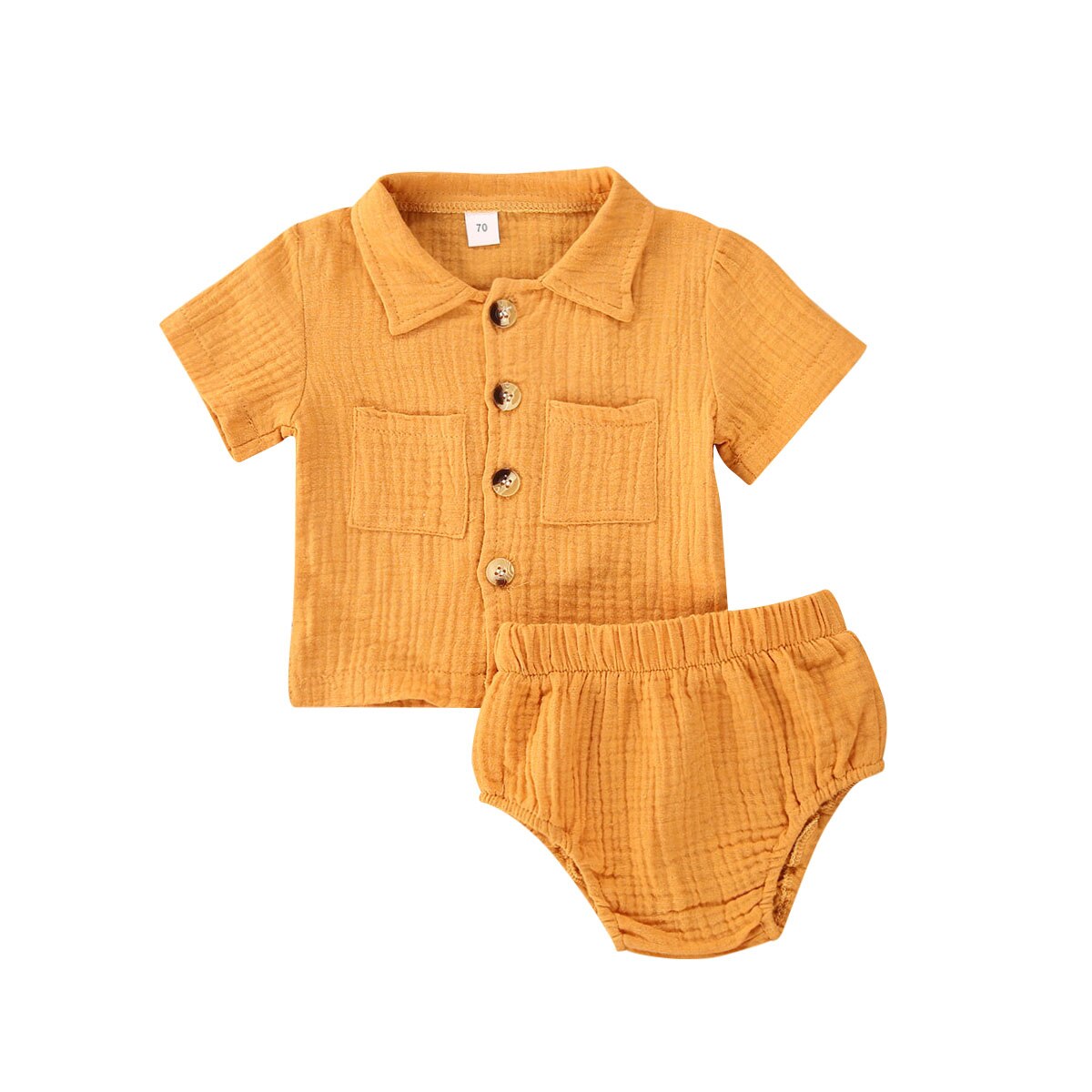 Baby pige dreng 2 stk outfit sæt solid plisseret button-down foldet krave kortærmet top skjorte trekant elastik bukser sæt: Gul / 12m
