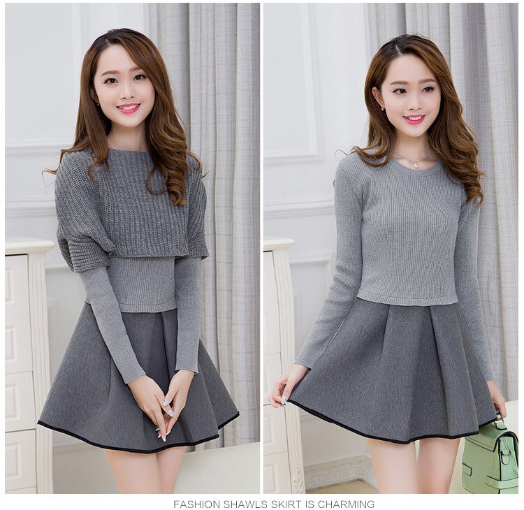 Autumn Winter Women Dress Long Sleeve O-Neck Solid Two Pieces Knitted Sweater Dresses Big Size OL Vestidos 1010