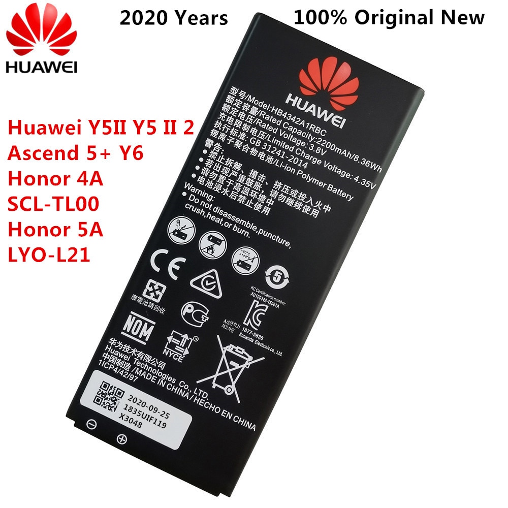 100% Originele Batterij voor Huawei honor 4A honor 5A LYO-L21 y5II Y5 II Ascend 5 + Y6 SCL-TL00 CUN-U29 2200mAH HB4342A1RBC