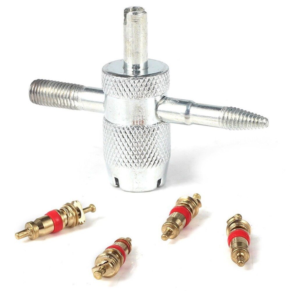 Car Bike 4 Way Tyre Valve Repair Standard Tire Remover Tool + 4 Stem Cores Kit