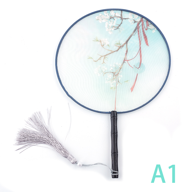 Éventail rond de Style chinois translucide, avec manche en bois, Portable, imprimé, Vintage, danse: A1