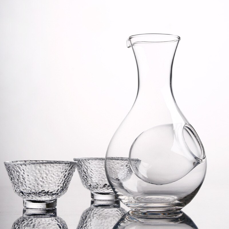 Japanese Style Glass Wine Bottle Thumb Hole Sake Glass Ice Jug Hamster Nest Cooling Room Wine Pourers Decanter Set: bottle and two cups