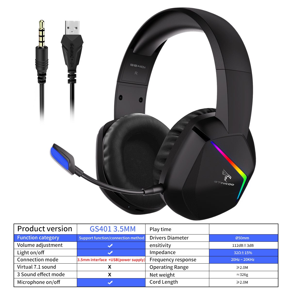 SOMIC Gaming Headset Game/Video/Live 3 Modes LED Headphones 7.1 Surround Sound Wireless/Wired for PC, Mac, Phone, Tablet GS401: 3.5MM