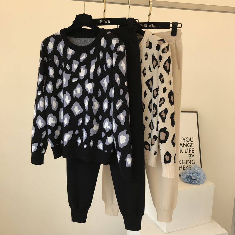 Amolapha dam stickad leopard pullover tröjor+byxor set kvinna jumpers byxor 2 st kostymer outfit: Svart