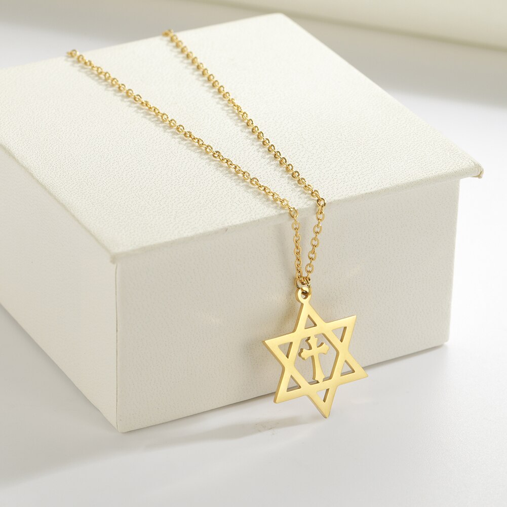 Män kvinnor trendiga magen david star hänge halsband israel judisk rostfritt stål kedja star of david cross charm choker smycken: 3 guld korshalsband