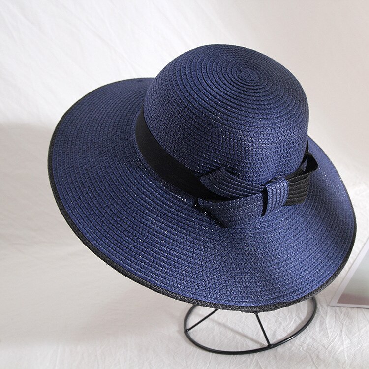 Bowknot sort hvid strå solhat dame sommer strand solskærms hatte oversize bred skygge hatte til kvinder: Stil 1 marineblå