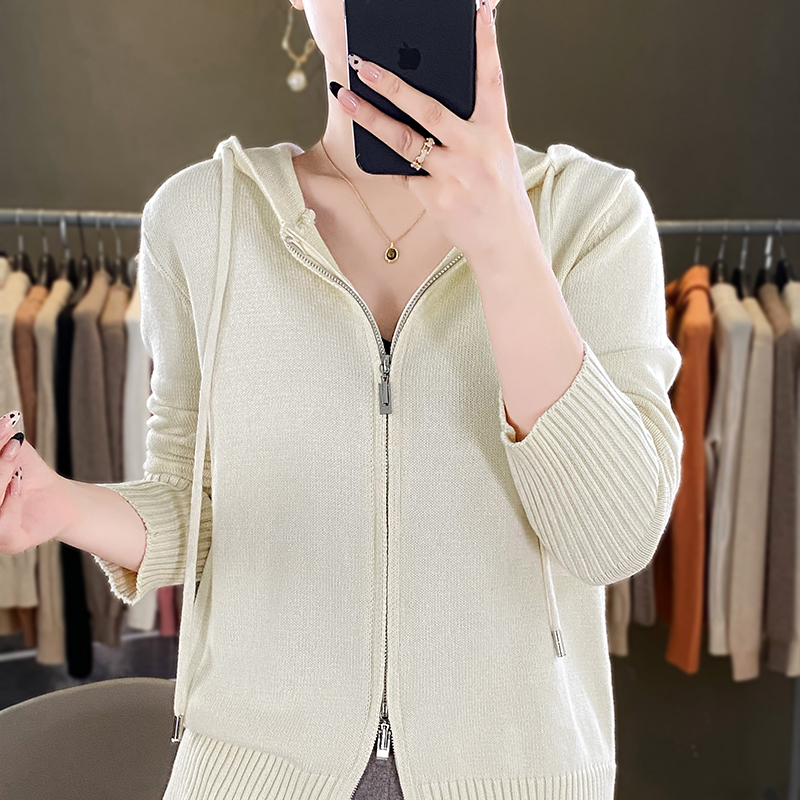 Klassische Hoodie Frauen Strickwaren 100% alle Baumwolle Cardigan Pullover lange Ärmel Doppel reiß verschluss Stil dicke warme Basics Tops: XXXL / Beige