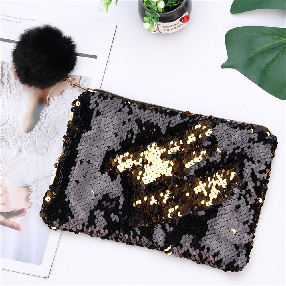 Vrouwen Glitter Pailletten Pluche Hanger Make-Up Zakken Cosmetica Zakje Make Tas Toilettas Portemonnee Portemonnee Voor Meisjes: black with ball